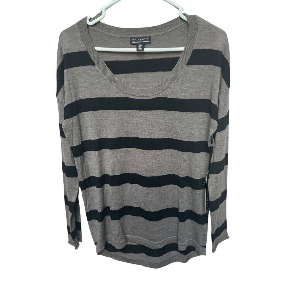 Willi Smith Small Gray Striped Merino Wool Sweater Scoop Neck